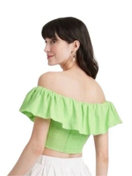 a new day Tops - Lime Green Off the Shoulder Ruffle Linen Crop Top